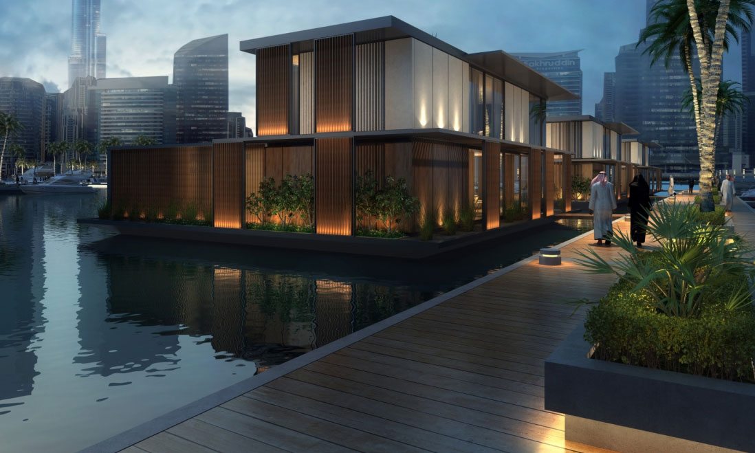 Floating villas in the water in Dubai