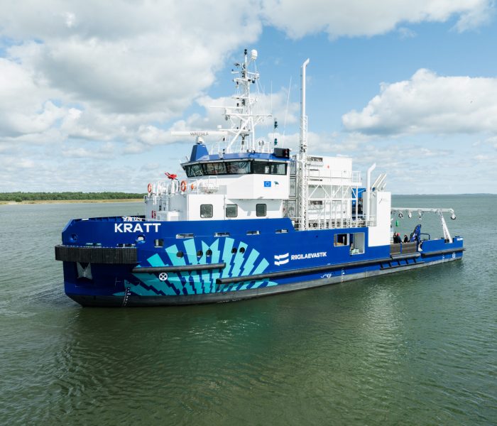 Research vessel KRATT in the water near Baltic Workboats shipyard.